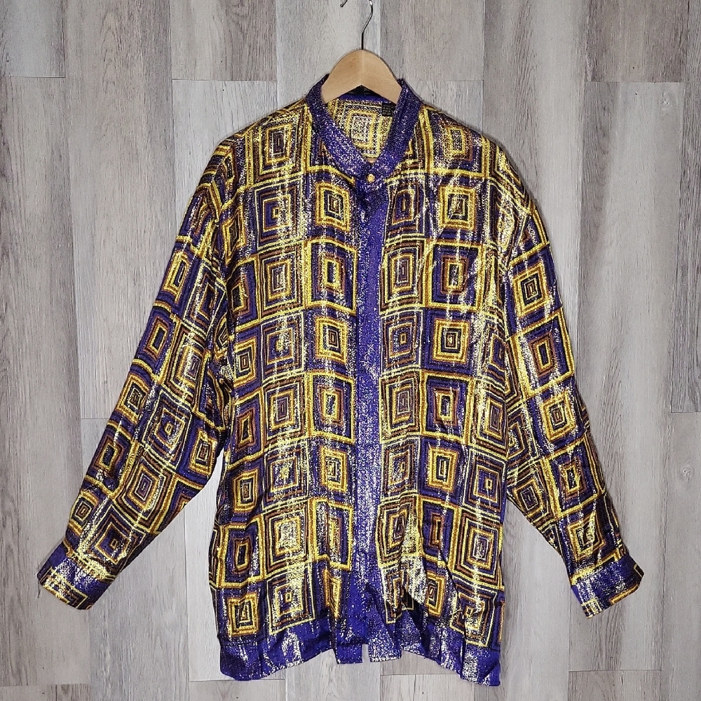Joey Richi Gold Label Vintage Mens XL Silk Button Front Shirt Geometric Metallic
